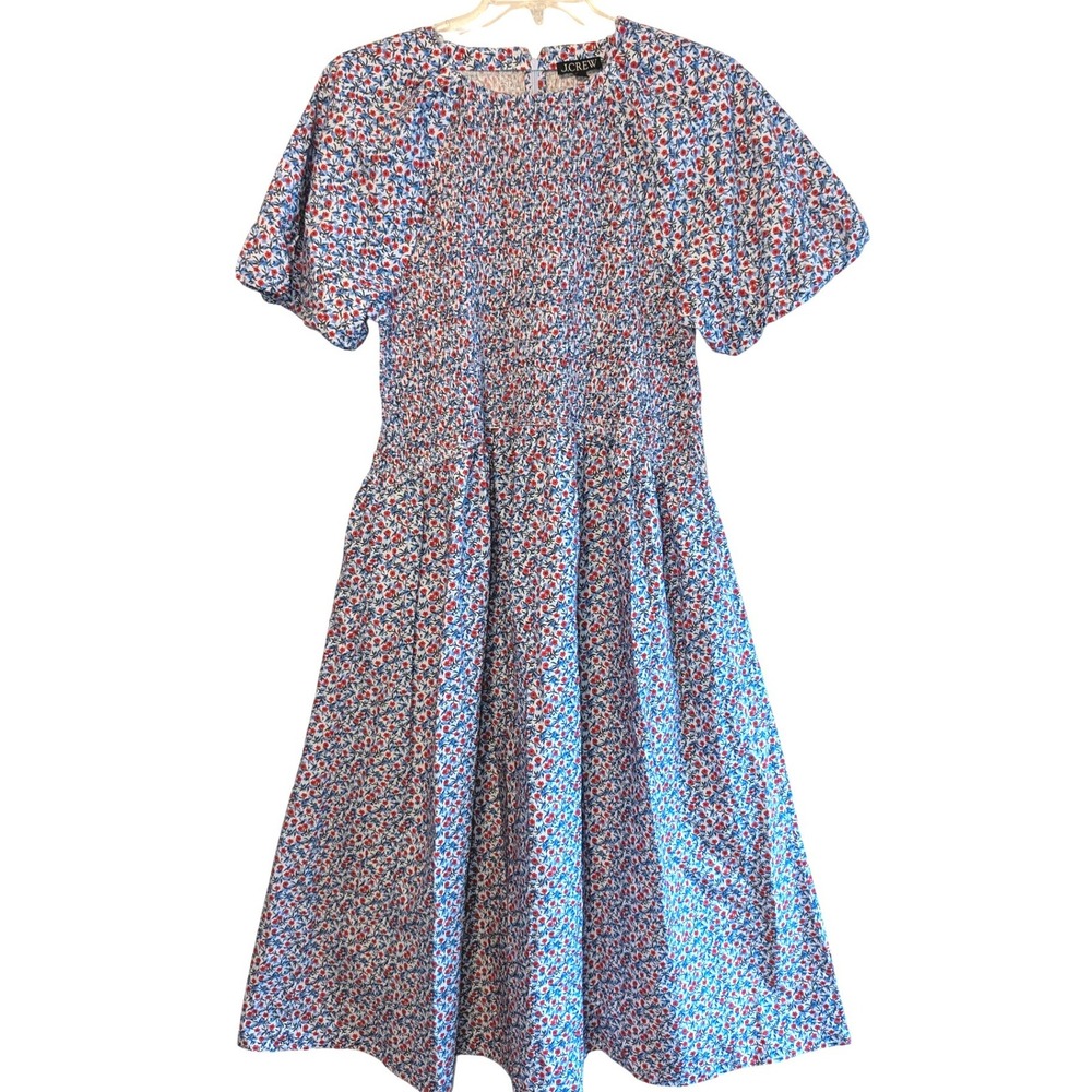 J.Crew Smocked Midi Meadow Dress in Poppy Womens XL Floral Cotton Puff Sleeve‎ - Picture 2 of 14